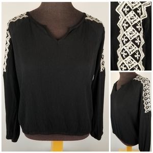 Black peasant top with tan geo embroidery